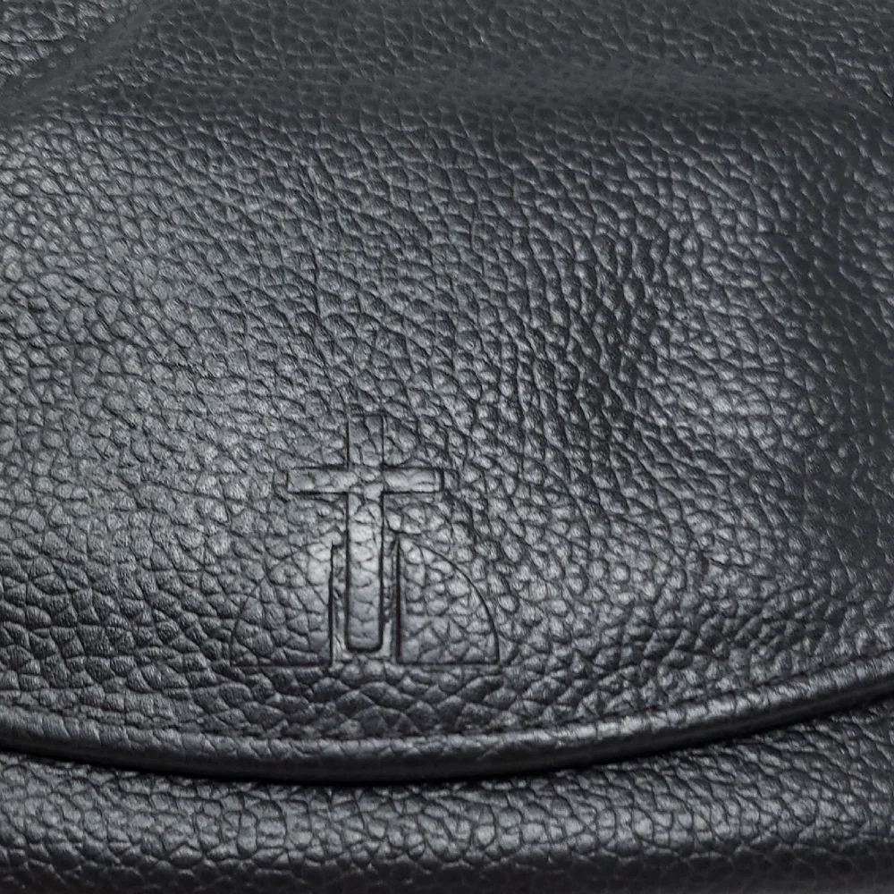 Black Leather Tri-fold Wallet With Cross Embrossed On Front